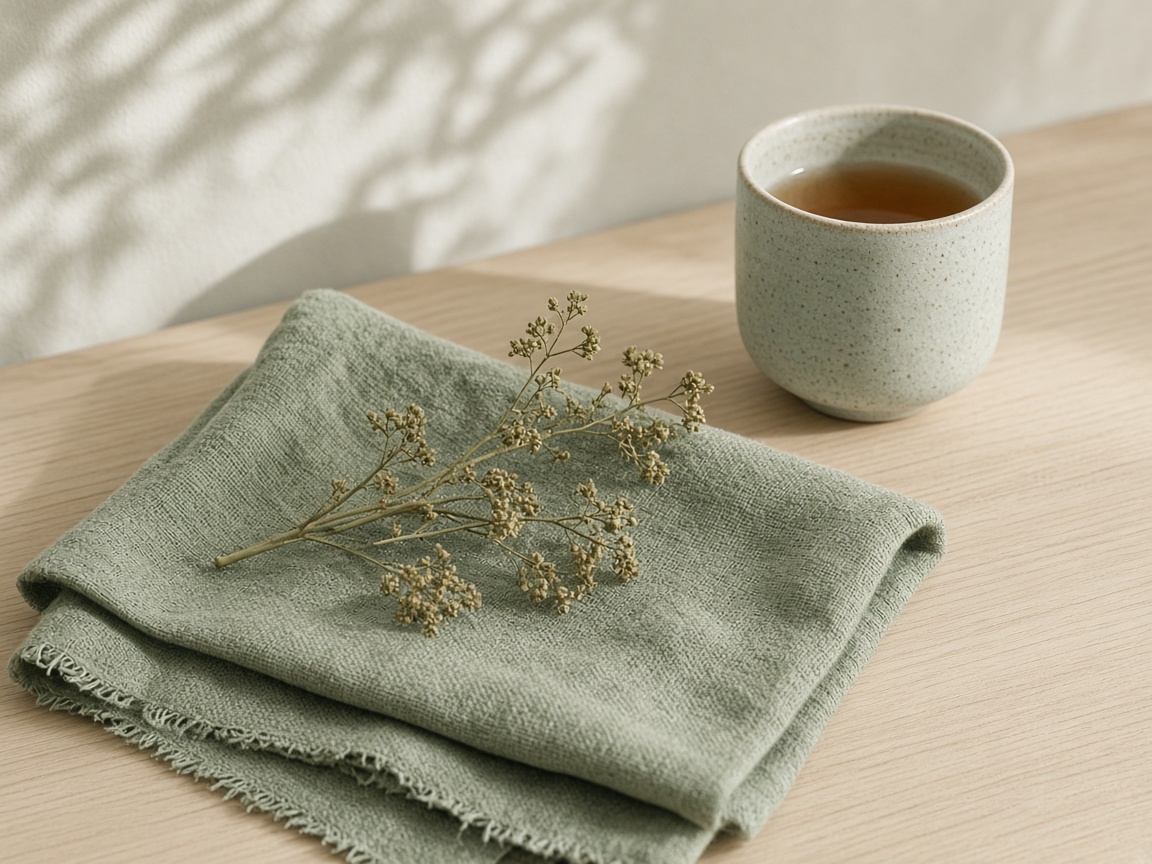 Sage linen and botanical still life on a light wood table