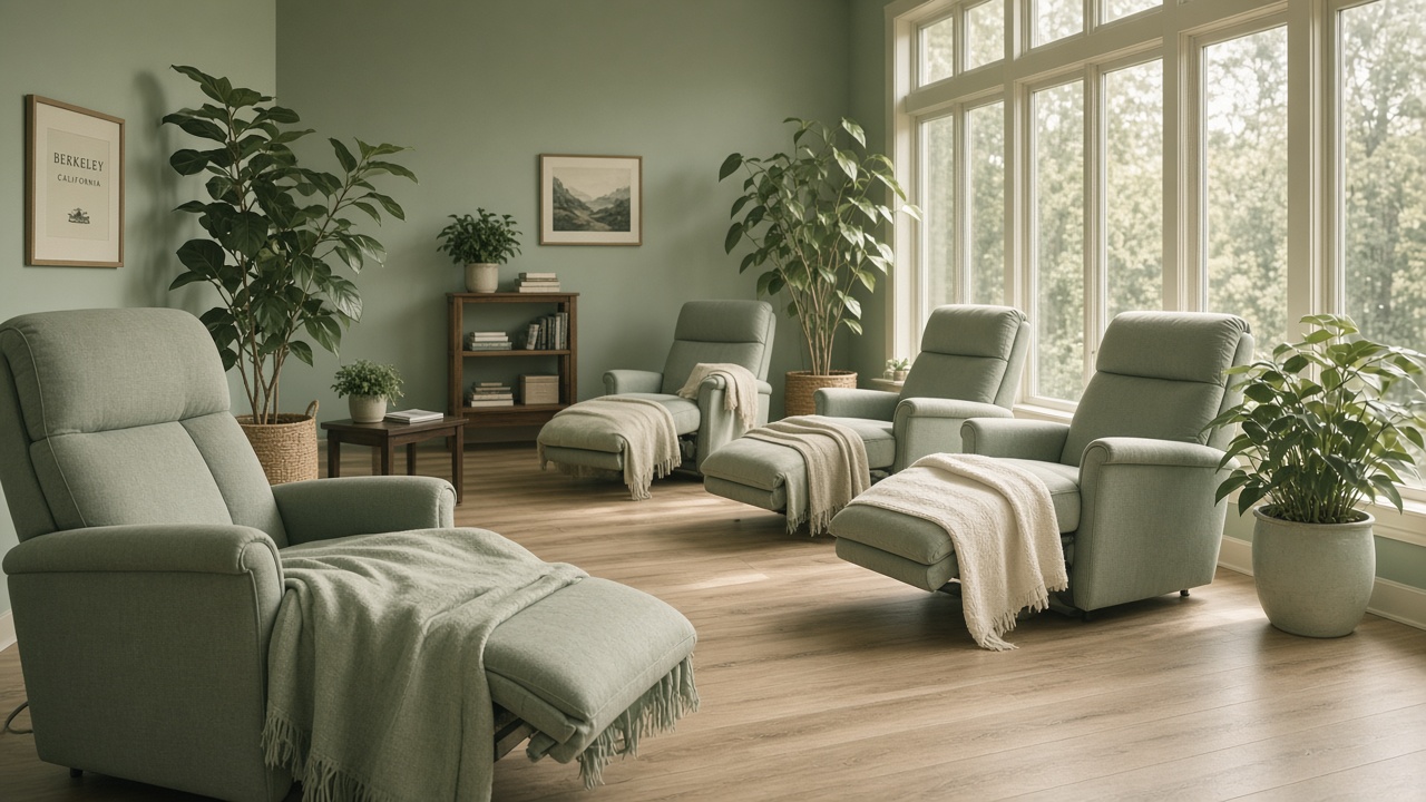 Quiet communal treatment room with sage recliners and Berkeley daylight