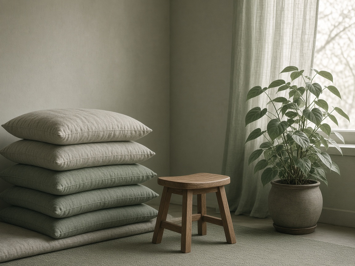 Stacked linen cushions, wooden stool, and plant by a sunlit window